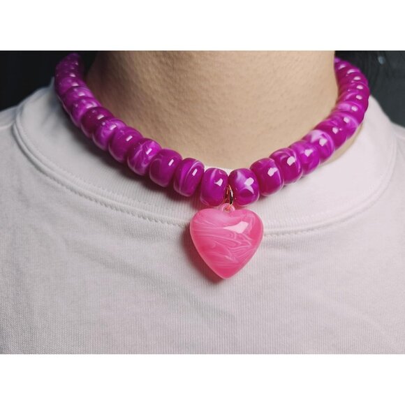 Women's Pink Heart Pendant Beaded Statement Boho Beautiful Chokers Necklace - Picture 2 of 8
